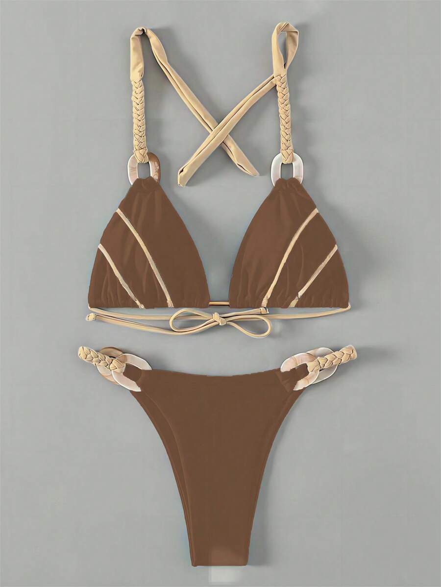 SHEIN Swim Summer Beach Women Vacation Colorblock Bikini Set - Khaki - View 1