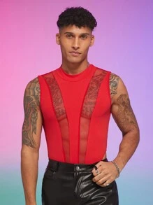 FeverCity Men Summer Knit Leisure Splicing Mesh Tank Top - Red - View 1