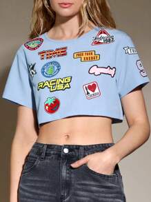 SHEINNeu Women Badge Letter Print Cropped Top For Summer - Baby Blue - View 3