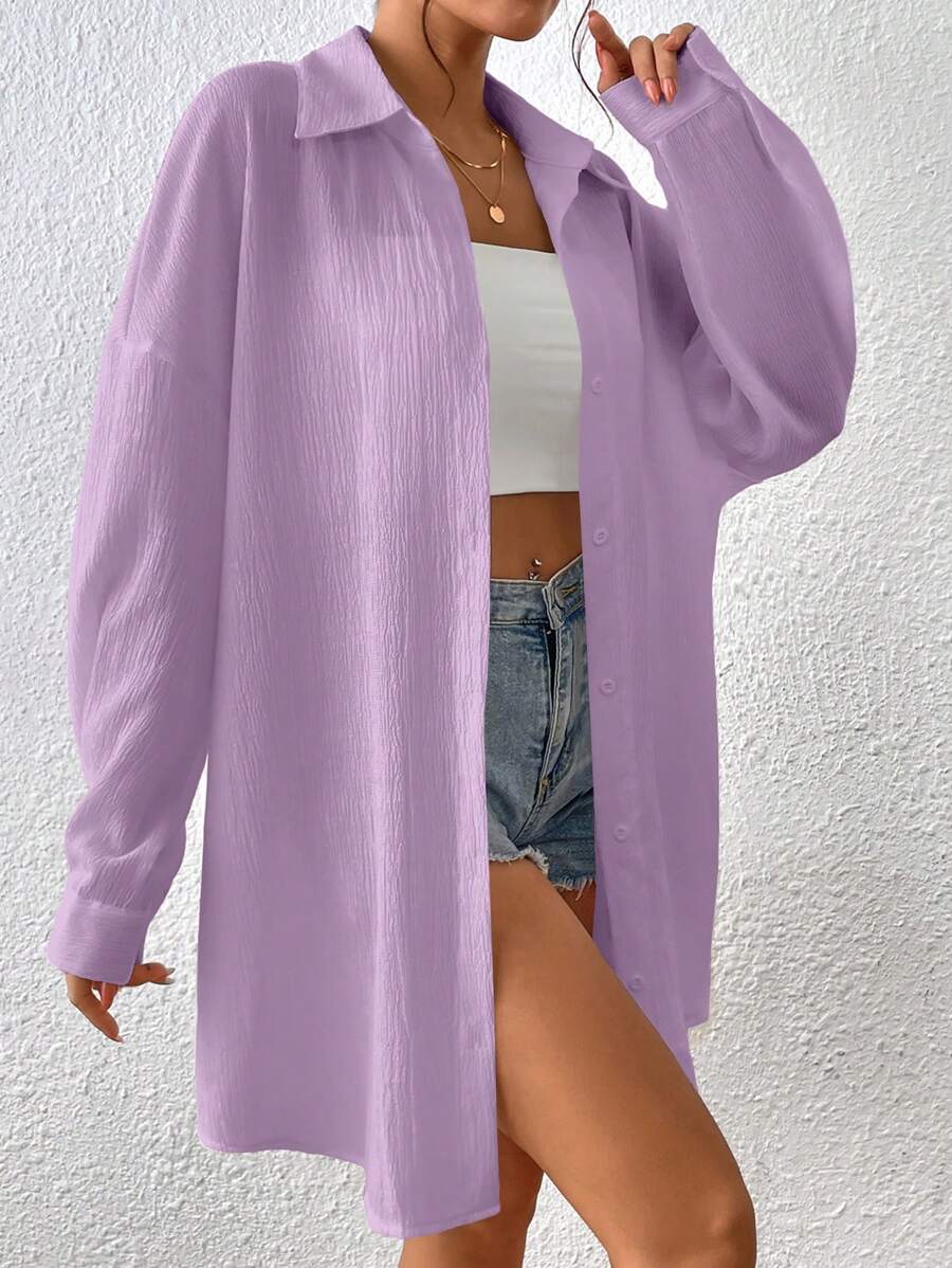 SHEIN EZwear 純色紋理下垂肩寬鬆休閒襯衫 - 紫色 - 查看 1