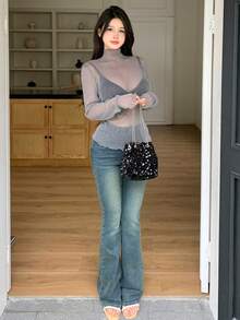 DAZY Women Spring / Summer Sexy See-Through Long Sleeve T-Shirt - Grey - View 7