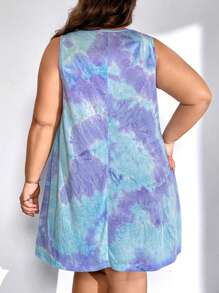 SHEIN CURVE+ Plus Size Tie-Dyed Folded-Neckline Pleated Dress - Dusty Blue - View 2