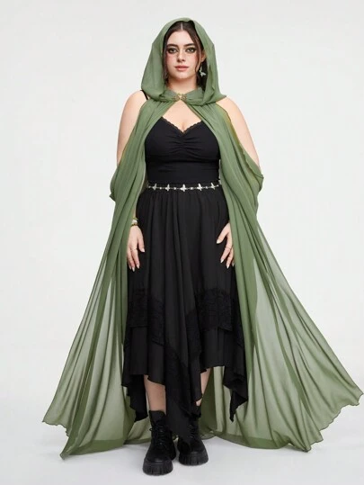 ROMWE Fairycore Plus Size Solid Color Pleated Spaghetti Strap Sleeveless Forest Vintage Cape For Women