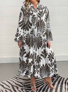 SHEIN Holidaya Plus Size Plant Printed Notched Neckline Dress - Black - View 5