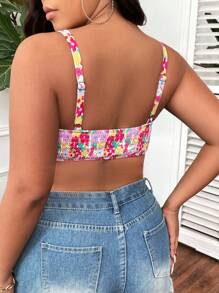 SHEIN Swim Curve 大码夏季海滩度假花卉印花无线泳装比基尼上衣 - 白色 - 查看 2