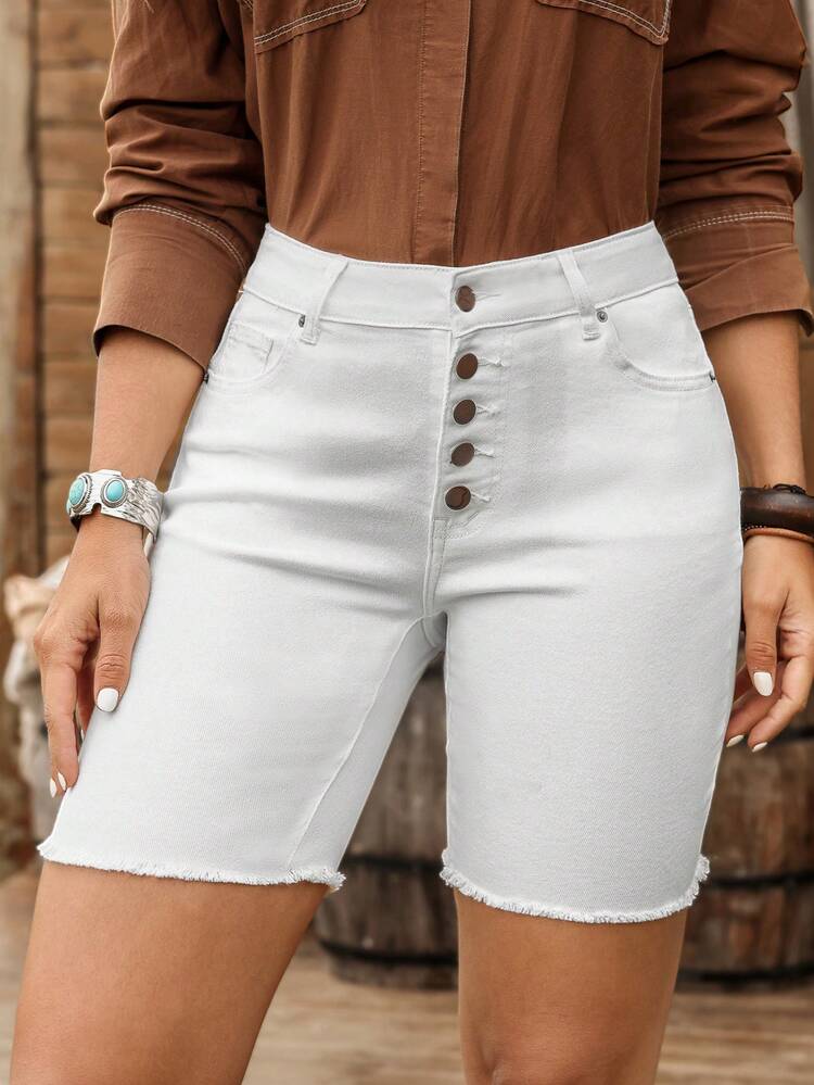 Women Solid Color Button Fly Raw Hem Skinny Denim Shorts Western Cowboy Woman Attire