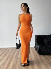 SHEIN EZwear Women Fashion Solid Color High Slit Backless Dress - Orange - View 3