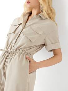 SHEIN EZwear 袋蓋口立領落肩襯衫連身褲 - 杏色 - 查看 6