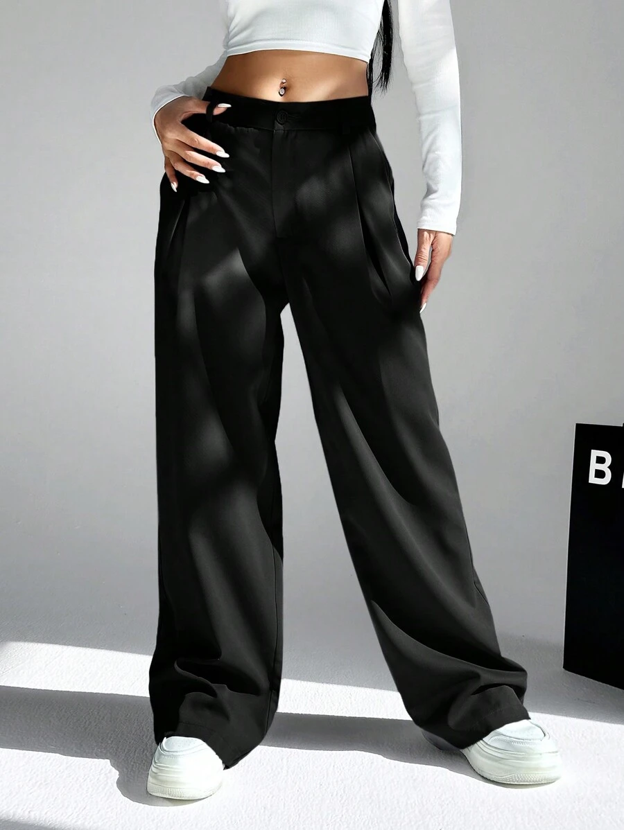 SHEIN EZwear 秋冬女士宽松直筒西装裤 - 黑色 - 查看 1