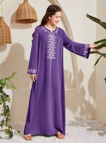 SHEIN 十幾歲女生幾何圖案凹口V領長袖休閒長裙 - 淺灰紫 - 查看 5