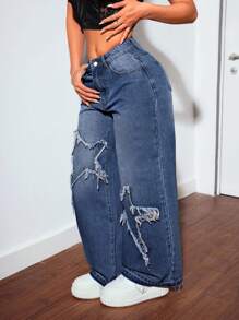SHEIN PETITE NỮ Giải trí Denim Quần jean Với quần ống rộng , Năm cánh Ngôi sao Patch Và Túi - Màu xanh lam - Xem 3