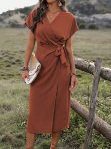 EMERY ROSE Đầm Maxi Dài Tay Cánh Dơi Quấn Cổ Màu Trơn Cho Nữ Trang Phục Đi Biển Kỳ Nghỉ - Rỉ Nâu - Xem 3