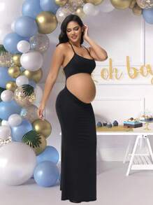 Maternity Solid Cut Out Waist Open Back Halter Bodycon Dress For Baby Shower, For Photoshoot - Black - View 5