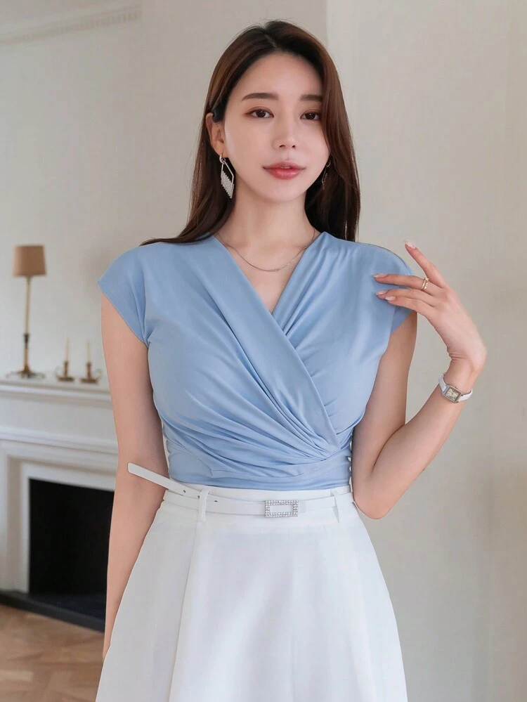 Summer Casual V-Neck Criss-Crossed Pleated Slim Fit T-Shirt