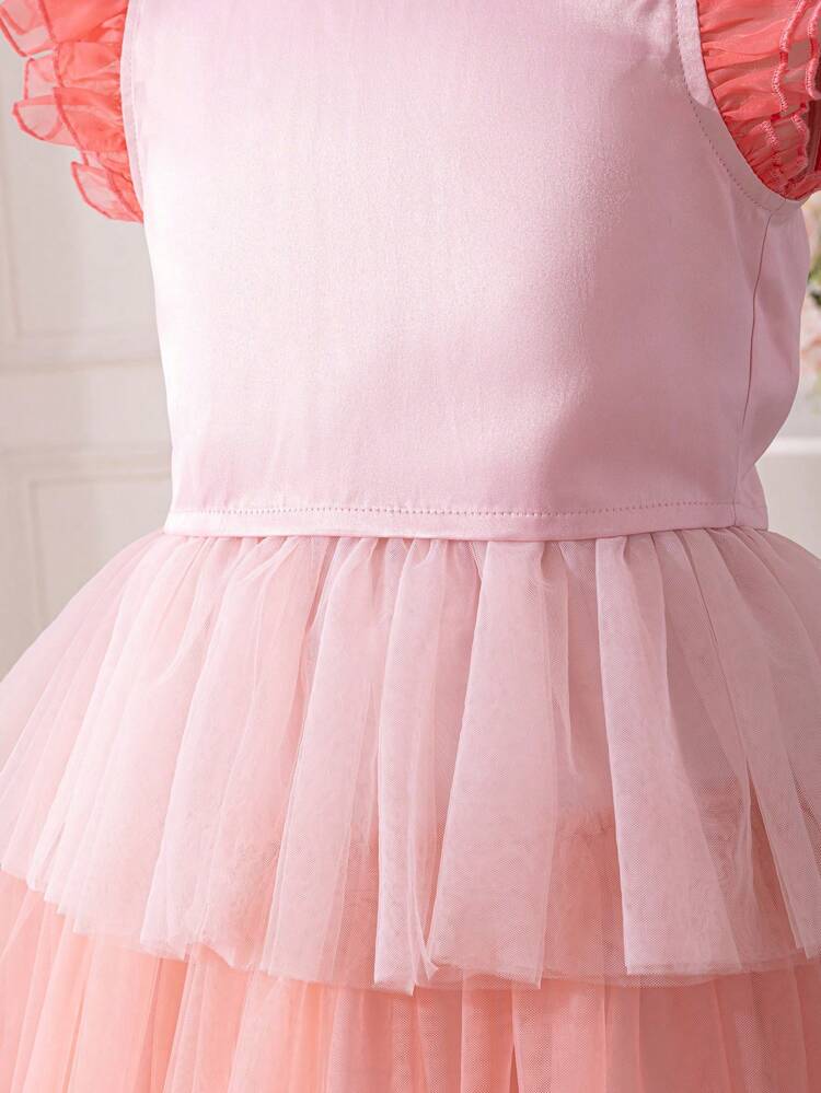 Tween Girls' Embellished Collar Triple-Layered Mesh Ruffle-Sleeve Button-Back Blouse With Layered Mesh Skirt, 2pcs/Set
