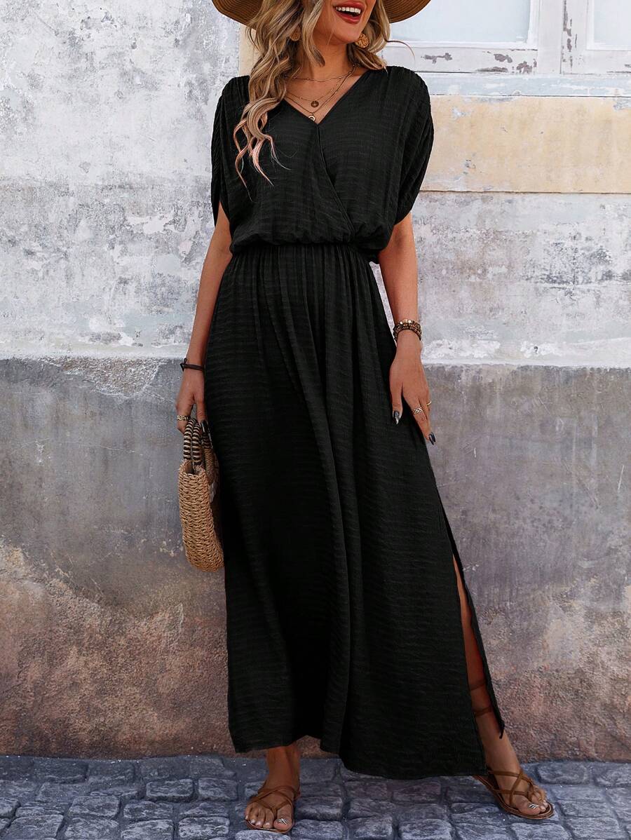 SHEIN LUNE Summer Casual Simple V-Neck Drawstring Waist Split Texture Dress