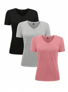 INAWLY Women's Summer Set Of Solid Color V-Neck Short Sleeve Casual T-Shirt - Multicolor - View 5