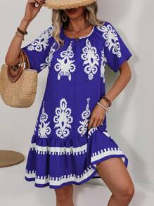 SHEIN LUNE Váy ngắn tay dáng rộng mùa hè có cổ tròn in đầy đủ, viền xếp nếp và váy loe - Nhiều màu - Xem 4