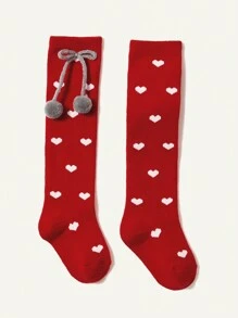 SHEIN 2 Pairs Of Infant/Toddler Red Heart 3D Pom-Pom Accessory Socks, Suitable For Holidays And Daily Outings - Red - View 5