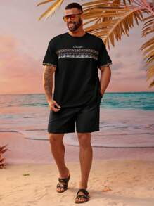 Manfinity VCAY Men Plus Size Summer Sports Leisure Knitted Geometric Printed Short Sleeve T-Shirt