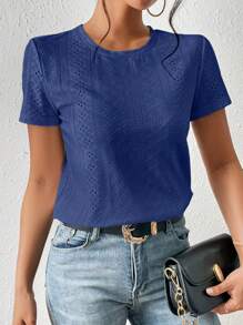 SHEIN Frenchy Blusa branca sólida com bordado de ilhós e gola redonda - Azul Royal - Visão 4