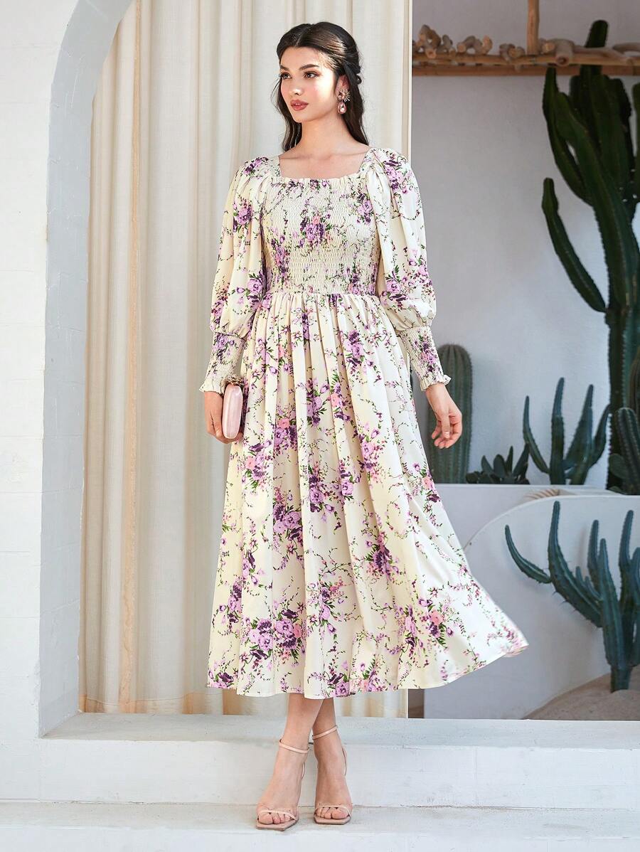 Mulvari 女士花卉印花裹身设计收腰连衣裙 - 紫色 - 查看 1