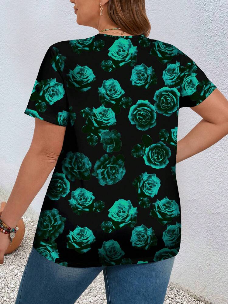 Plus Size Women's T-Shirt With Rose Pattern Print, For Summer