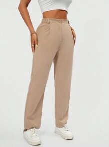 SHEIN PETITE Women Solid Color Daily Wear Casual Straight-Cut Long Pants - Khaki - View 3
