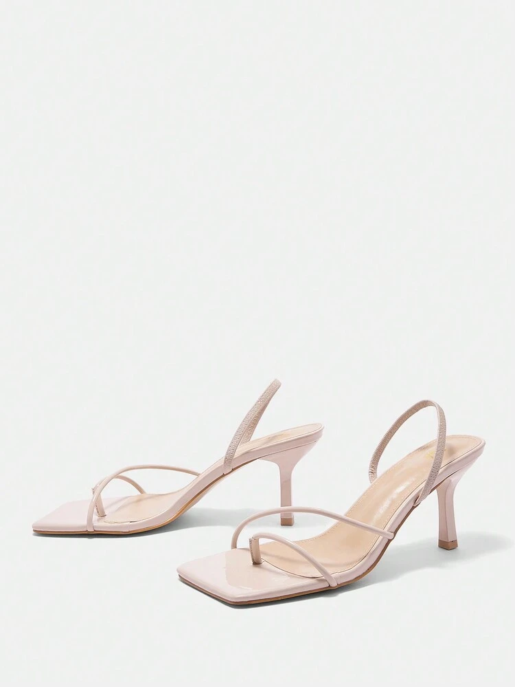 Apricot-Colored Mirrored Pu Ladies' Square Toe Strap Sandals, Graduation Heel, Prom Heels For Summer Vacation Shoes Summer