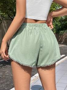 SHEIN EZwear Summer Casual Resort Wrinkled Fabric Light Green Fringed Shorts - Green - View 8