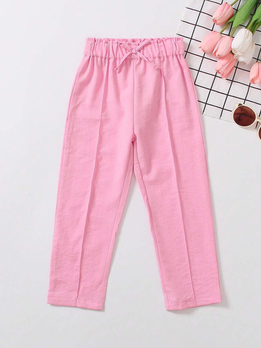 Young Girl Elastic Waist Butterfly Decoration Pleated Tapered Pants - Pink - View 1