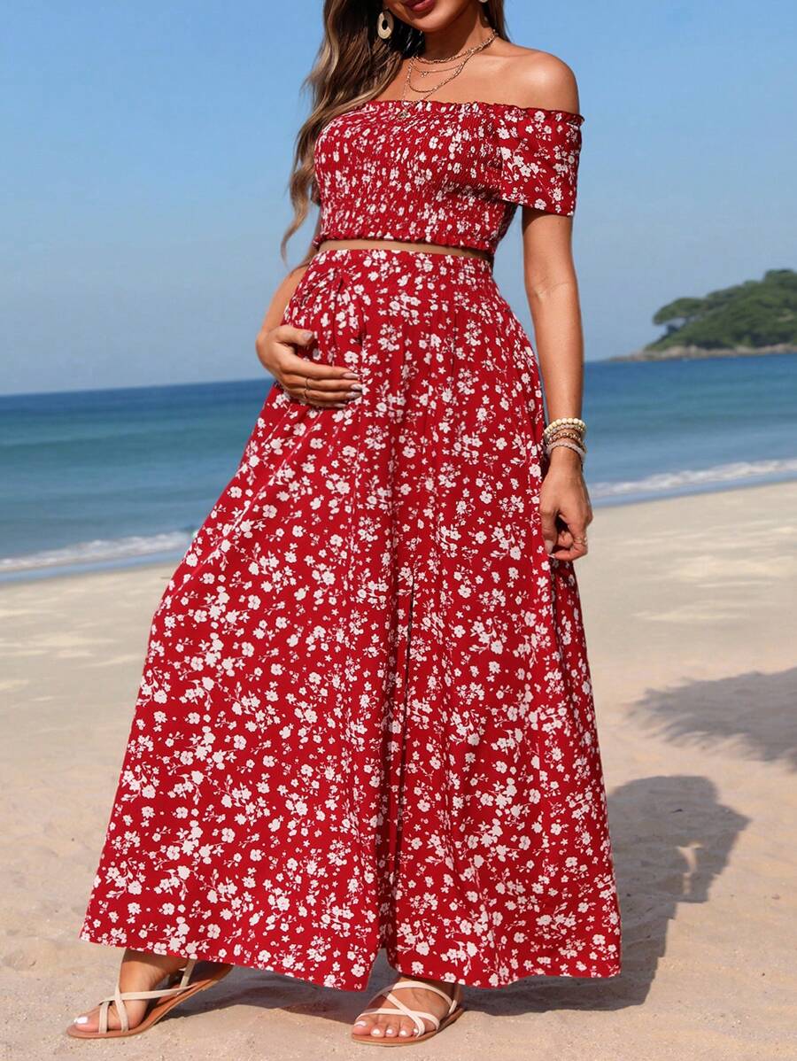 SHEIN Maternity Flower Print Off-Shoulder Shirred Top With Ruched Hem And A-Line Skirt Set - Red - View 1