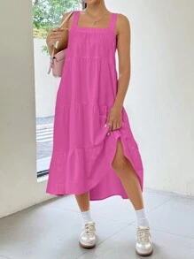 SHEIN EZwear Vestido largo blanco babydoll de línea A - Rosa Fucsia - Ver 5