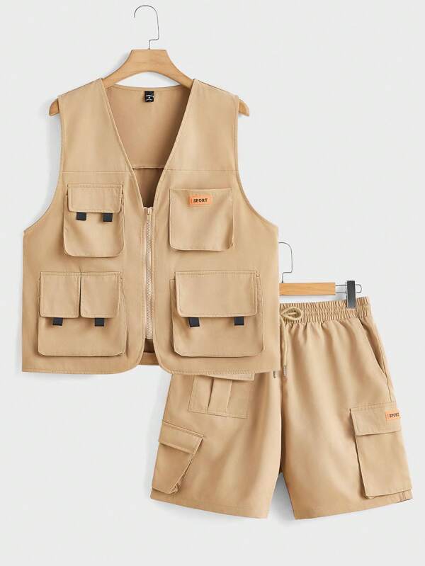 SWAVVY Men Summer Casual Outdoor Vest With Pocket, Zipper Front And Shorts Set