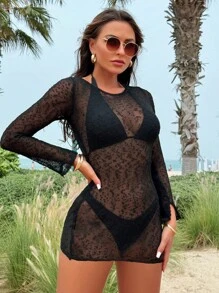 Women\ Backless See-Through Mesh Cover-Up Dress Fall Cloth For Women - Black - View 5