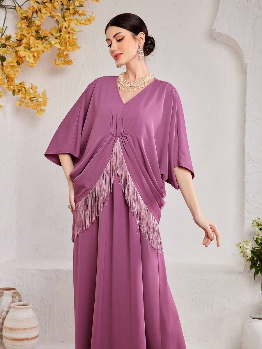 Al Najma Women Loose Turkish Style Long Shirt With Batwing Sleeves, Fringe Detail And Patchwork Kaftan Jalabiya Dress