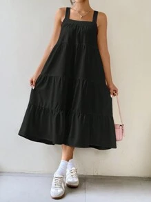 SHEIN EZwear 女士純色簡約日常長款A字形無袖肩帶裙 - 黑色 - 查看 3