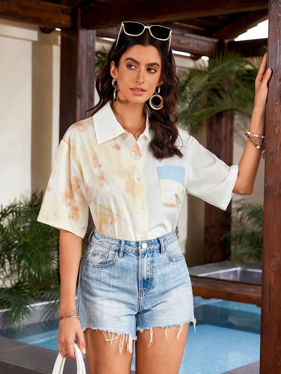 GENKIRA Ladies Gradient Color Random Print Patchwork Pocket Short Sleeves Shirt - Multicolor - View 1