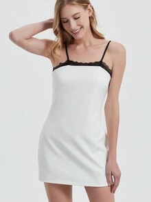 Women Contrast Lace Trim Sleeveless Slip Mini Dress, Summer - White - View 3