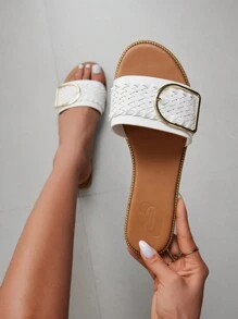 CUCCOO BIZCHIC Woman Shoes Fashionable Round Toe Woven Sandals With Metal Buckle Detail For Spring And Summer - White - View 1