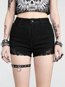ROMWE Goth Quần short denim trang trí ren cho nữ, đi học - màu đen - Xem 2