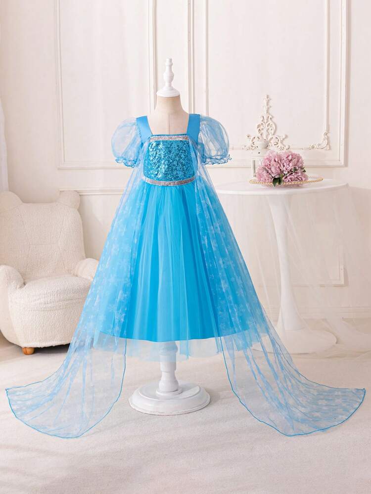 Young Girl Cosplay Ice And Snow Sequined Cape Dress, Birthday Party Dress, Summer