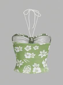SHEIN MOD Women  Botanical Printed Halter Neck Drawstring Top - Lime Green - View 2