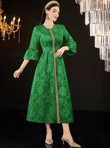 Al Najma Women's Jacquard Spliced Ribbon Detail Flared Sleeve Dress - Dark Green - View 7