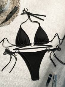 SHEIN Swim Ladies" Fashionable Summer Heart-Shaped Metal Ring Design Bikini Set,Summer Beach - Black - View 1