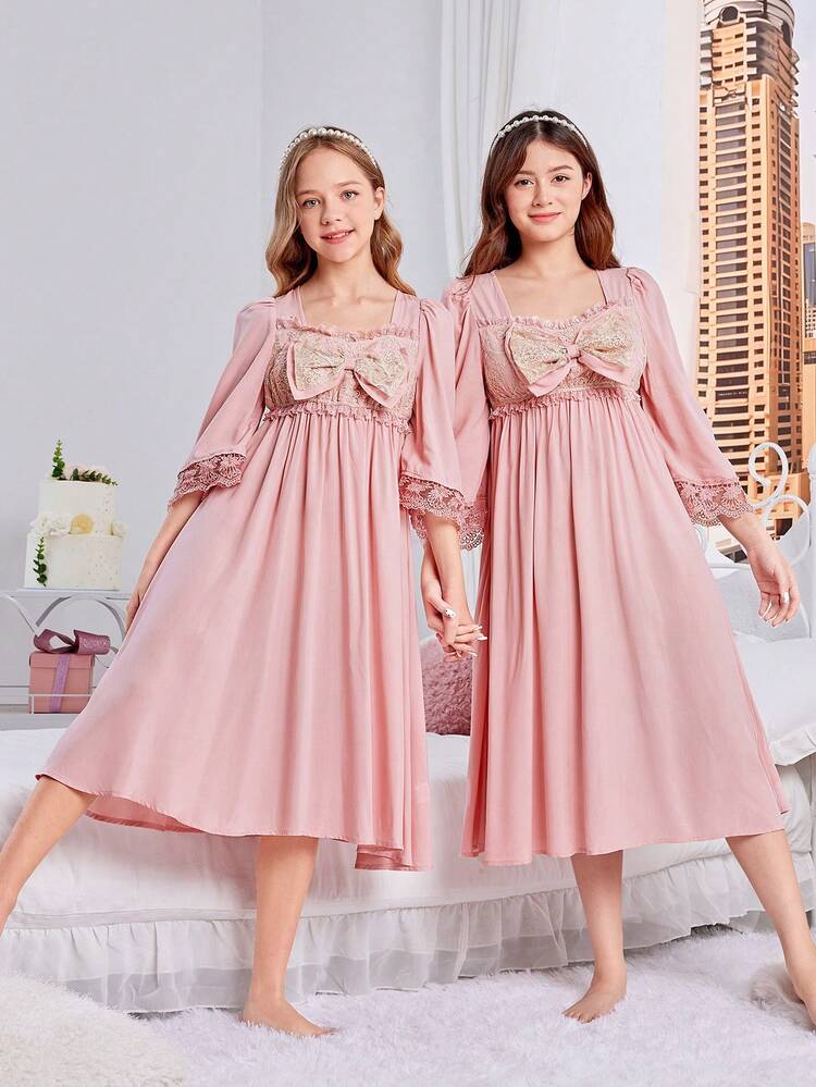 Teen Girl Elegant And Graceful Bow Detail Knot Lace Hem Decorated Wedding/Prom/Home Dress With Sibling Outfits Matching Outfits (2 Sets Sold Separately)