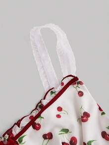 SHEIN MOD Cherry Mesh Printed Camisole Top And Red Pleated Skirt Set - Multicolor - View 8