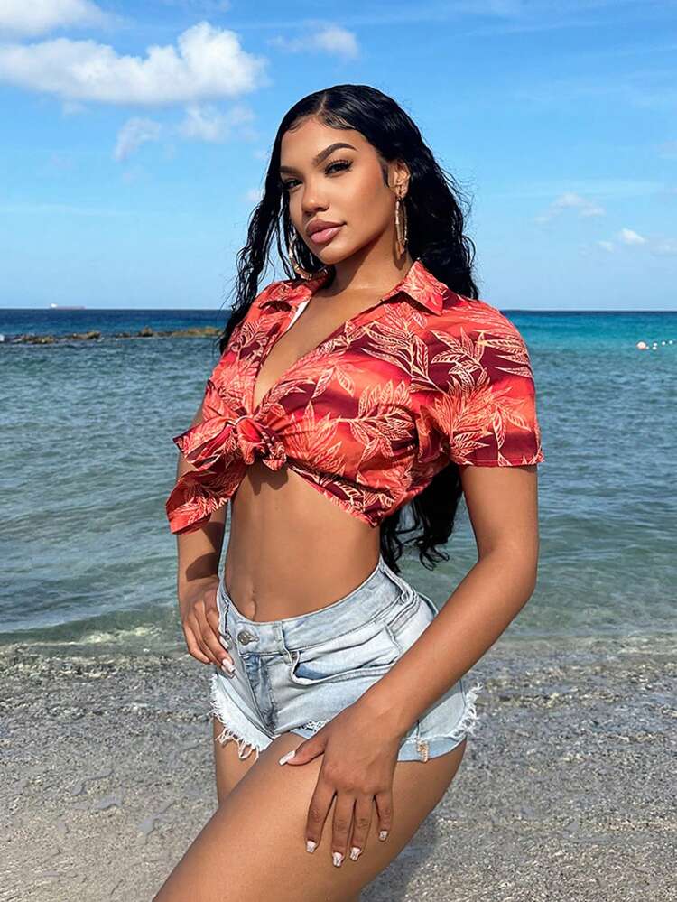 Cropened Vacation Style Front Tied Women Shirt