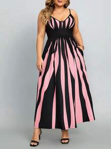 SHEIN Lady Plus Size Women Summer Fashion Pionowe Paski i Kwiatowy Nadruk Sukienka Spaghetti Strap
