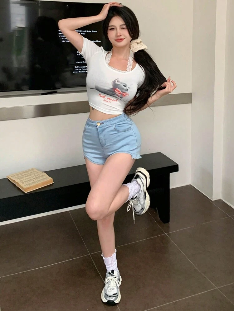 Women Summer Casual Short-Sleeved T-Shirt With Printed Cat And Slogan Round Neck Cute Tops Crop Women Tops